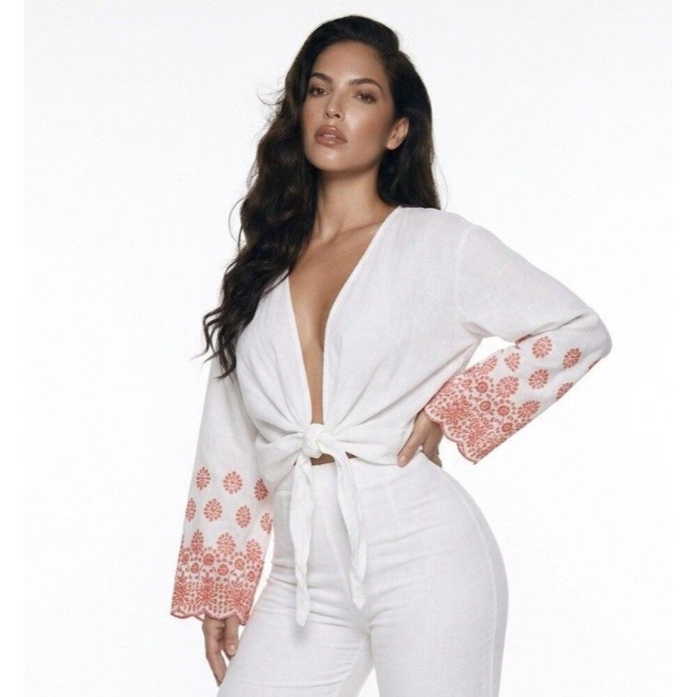 Lane Bryant White Embroidered Tie Blouse Size 26/28